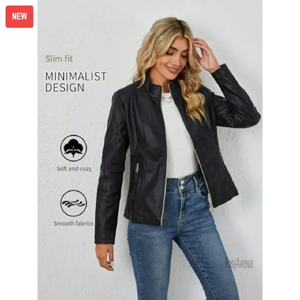 Faux Leather Motorcycle Jacket with Quilted Design and Pockets - Picture 5 of 8